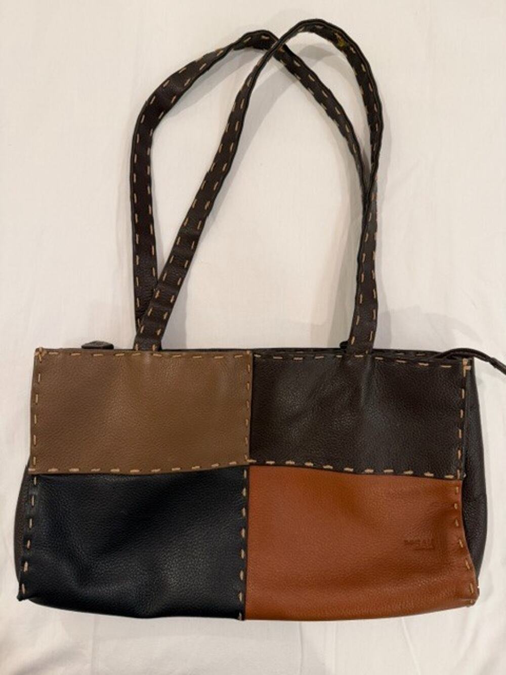 Vintage The Sak Women’s Patchwork Colorblock Pebbled Leather Tote Blanket Stitch